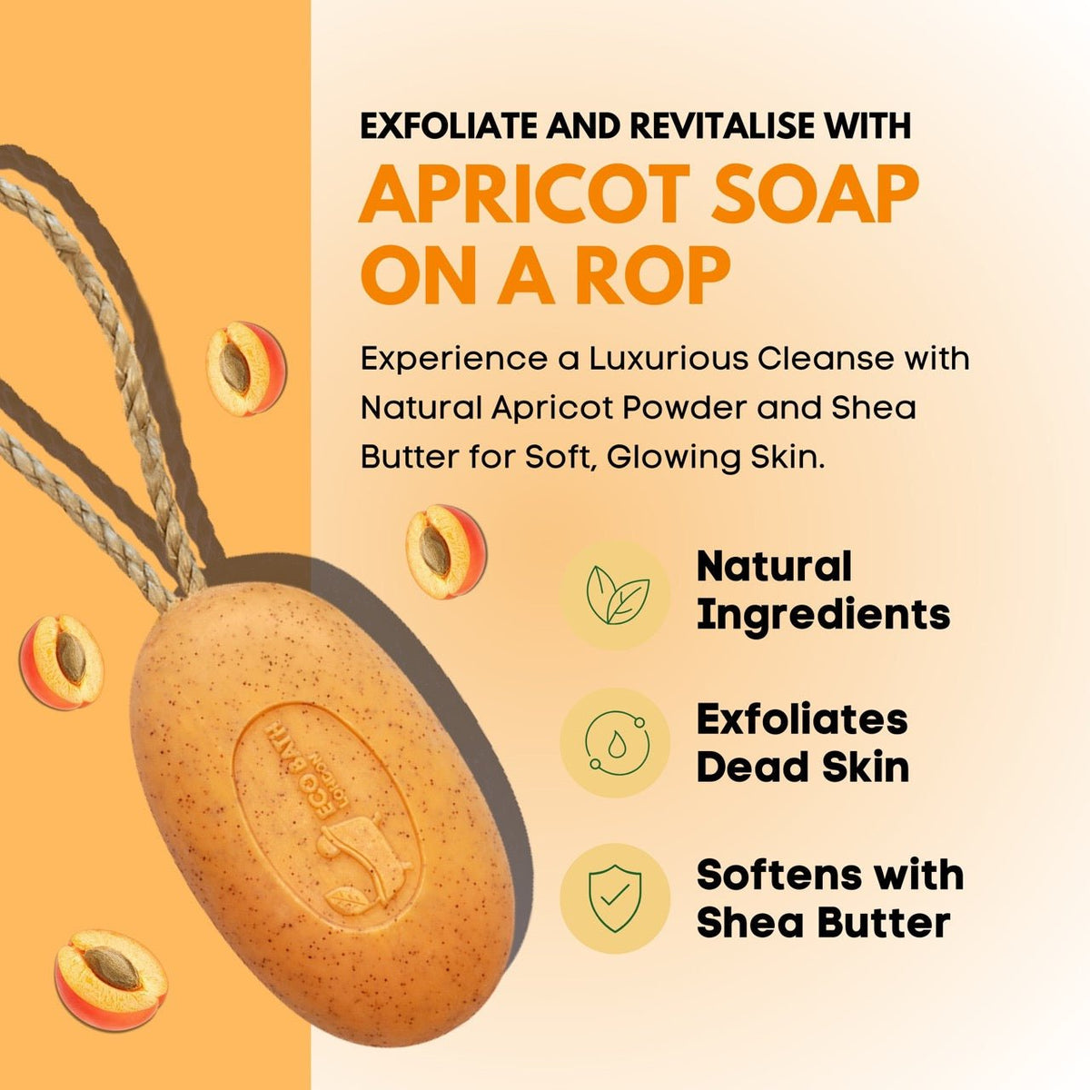 Eco Bath Apricot Soap on a Rope 220g packaging and product detail