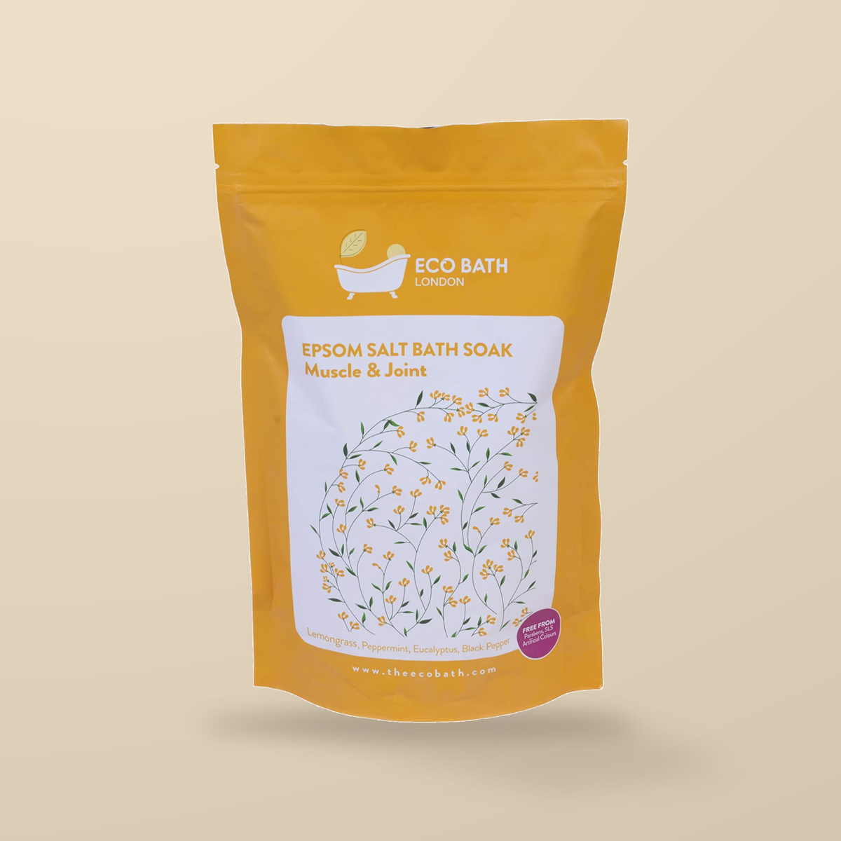 Eco Bath Co Muscle & Joint Epsom Salt Bath Soak – 1kg — original product packaging on warm beige background