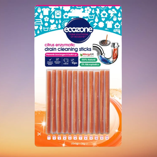 Pack of ecozone citrus enzymatic drain cleaning sticks on a gradient background