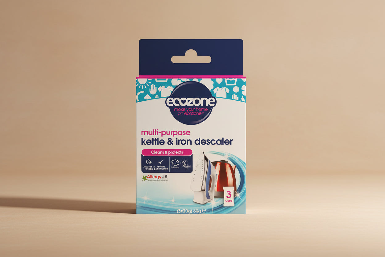 Ecozone multi-purpose kettle & iron descaler packaging on a white background