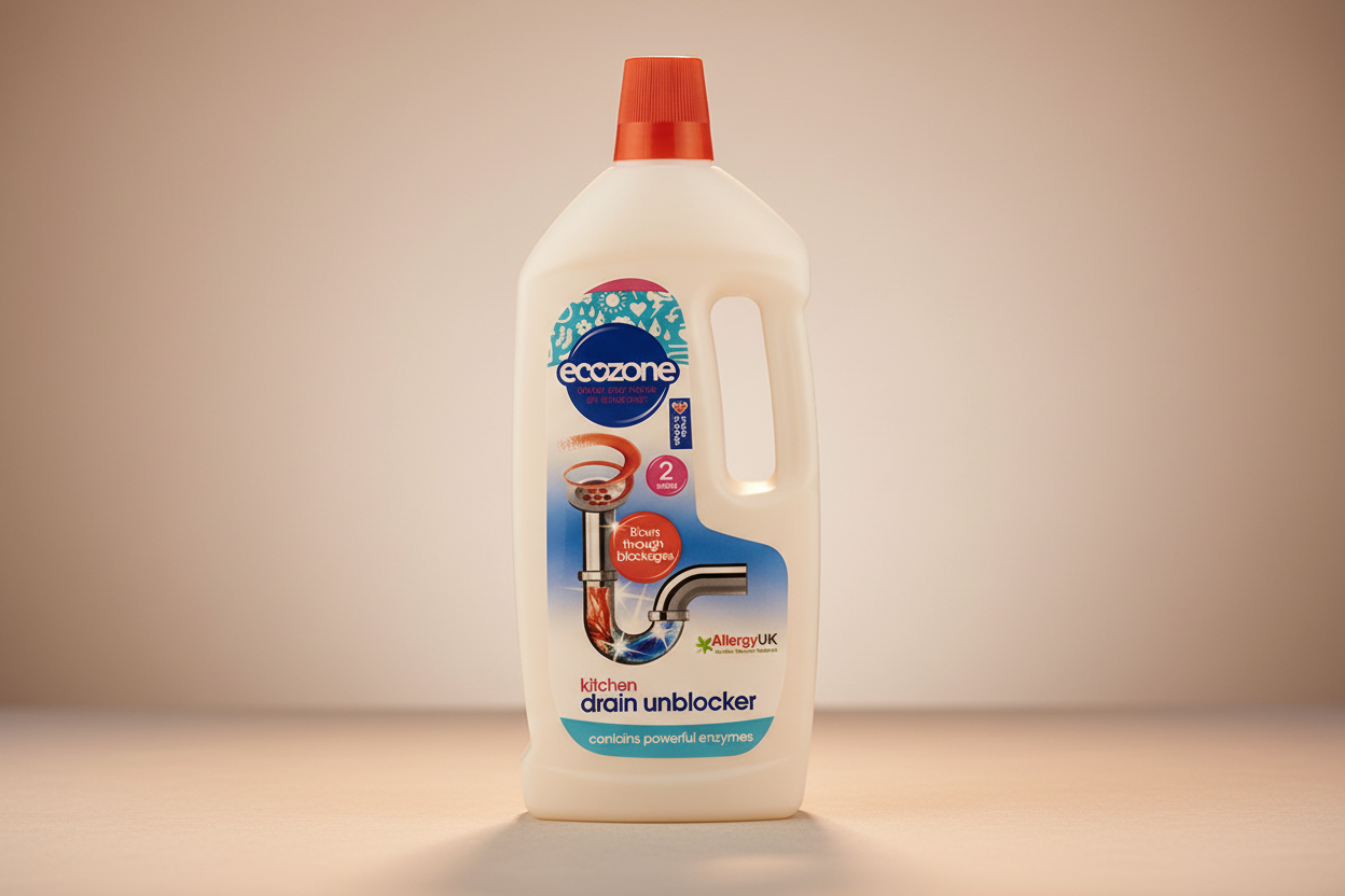 Ecozone kitchen drain unblocker bottle on a white background