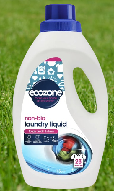 Ecozone laundry liquid bottle on a grass background