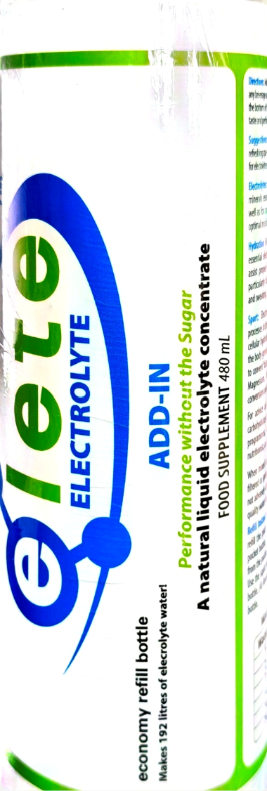 A close-up of a white beverage electrolyte refill bottle label with blue and green branding and text reading 'elete ELECTROLYTE' and 'ADD-IN'.