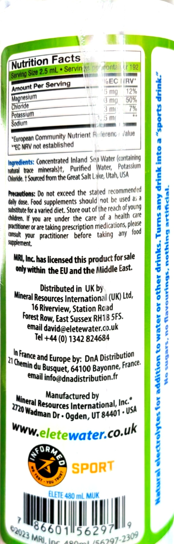 Close-up of the back of a green water sports product package showing Nutrition Facts, ingredients, preparation, warnings, and a barcode with EteWater branding.