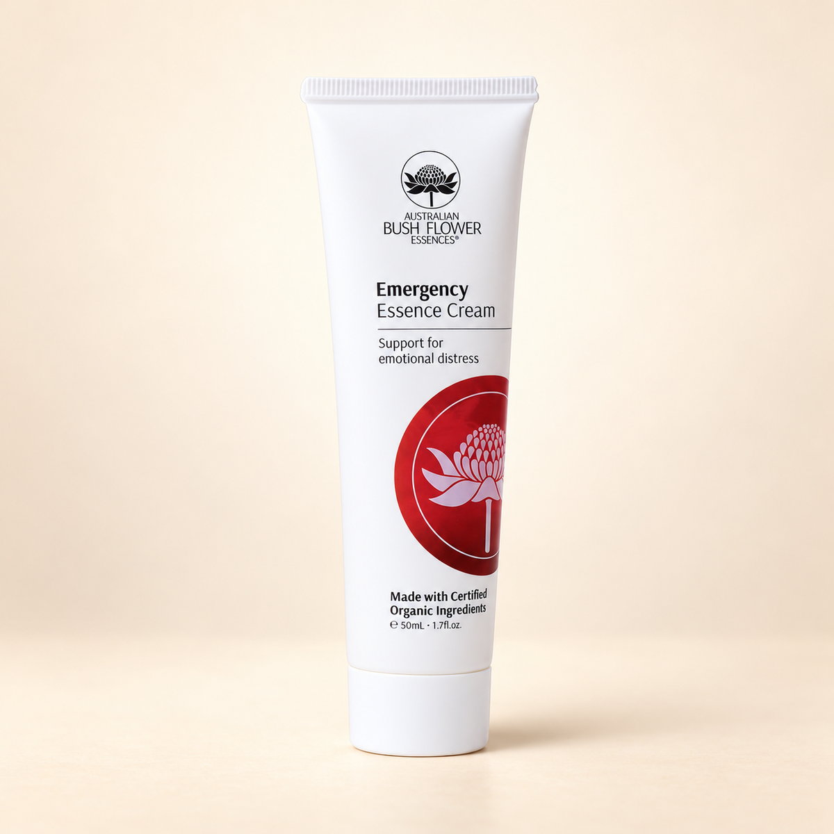 Australian Bush Flower Emergency Essence Cream – 50ml on warm beige background