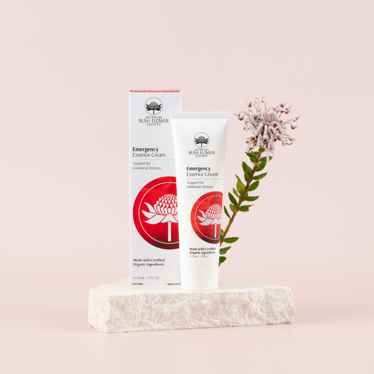 Australian Bush Flower Emergency Essence Cream – 50ml with carton and flowers