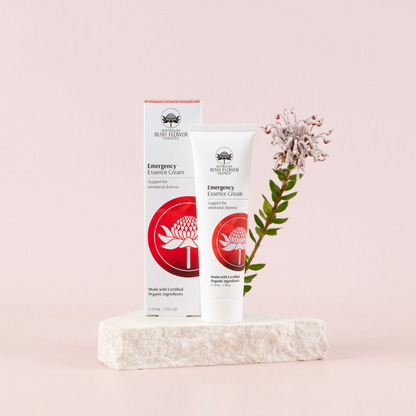 Australian Bush Flower Emergency Essence Cream – 50ml with carton and flowers