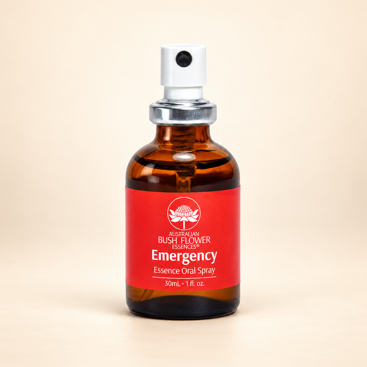 Australian Bush Flower Emergency Oral Spray – 30ml on warm beige background
