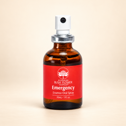 Australian Bush Flower Emergency Oral Spray – 30ml on warm beige background