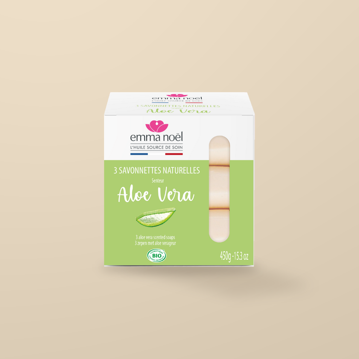 Emma Noel Organic Aloe Vera Soap – 3 × 150g — original product packaging on warm beige background