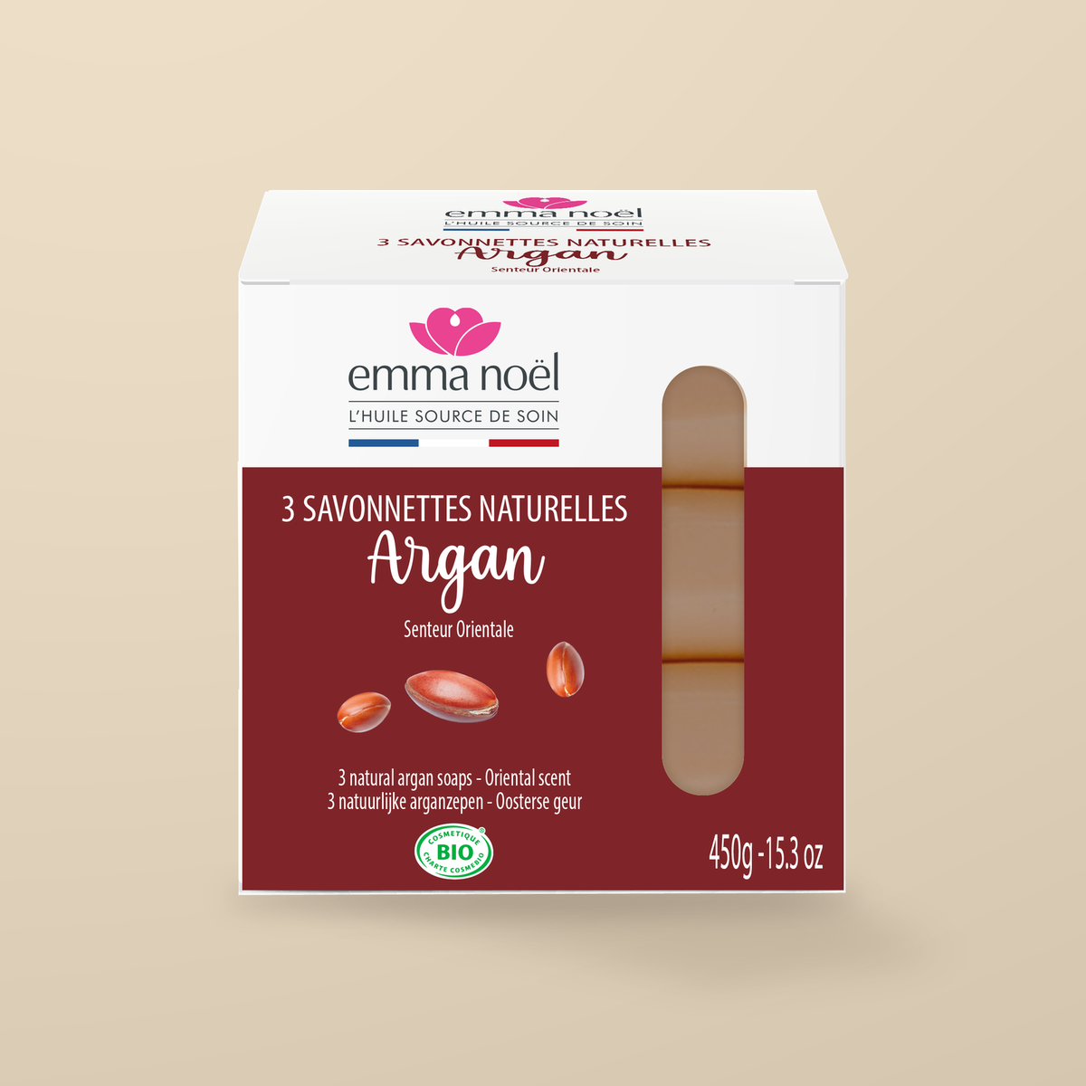 Emma Noel Organic Argan Soap – 3 × 150g — original product packaging on warm beige background