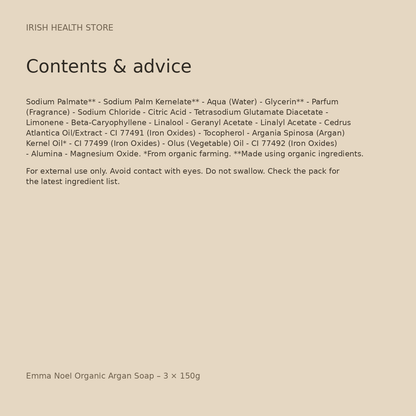 Emma Noel Organic Argan Soap – 3 × 150g contents and advice