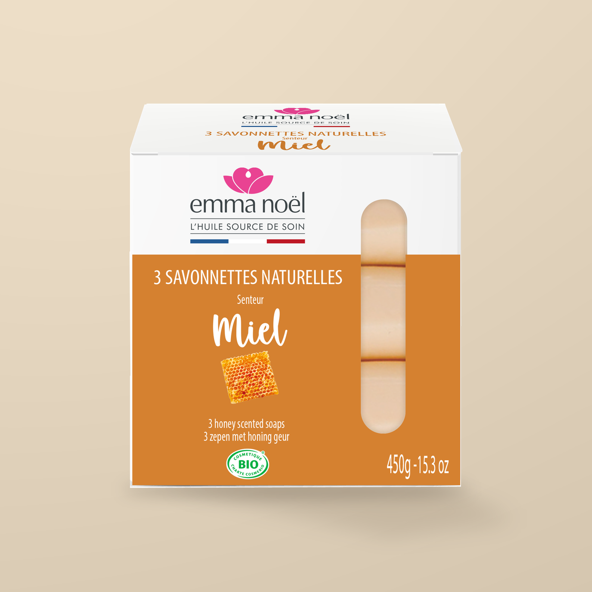 Emma Noel Organic Honey Soap – 3 × 150g — original product packaging on warm beige background
