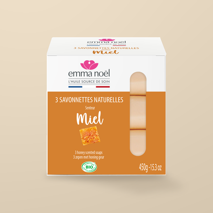 Emma Noel Organic Honey Soap – 3 × 150g — original product packaging on warm beige background