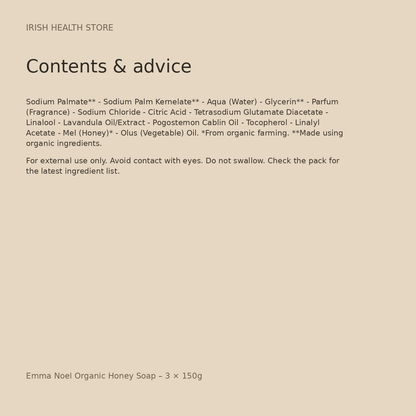 Emma Noel Organic Honey Soap – 3 × 150g contents and advice