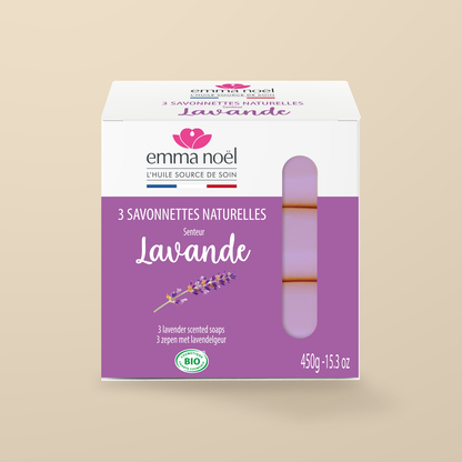 Emma Noel Organic Lavender Soap – 3 × 150g — original product packaging on warm beige background