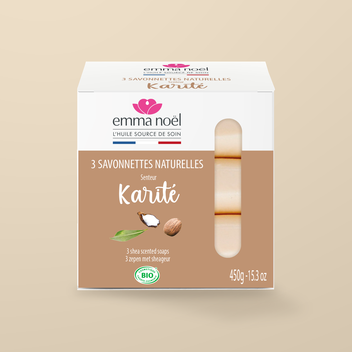 Emma Noel Organic Shea Butter Soap – 3 × 150g — original product packaging on warm beige background