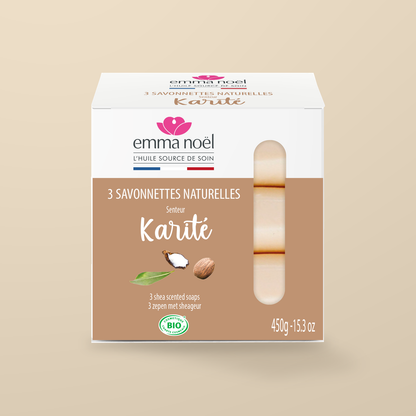 Emma Noel Organic Shea Butter Soap – 3 × 150g — original product packaging on warm beige background