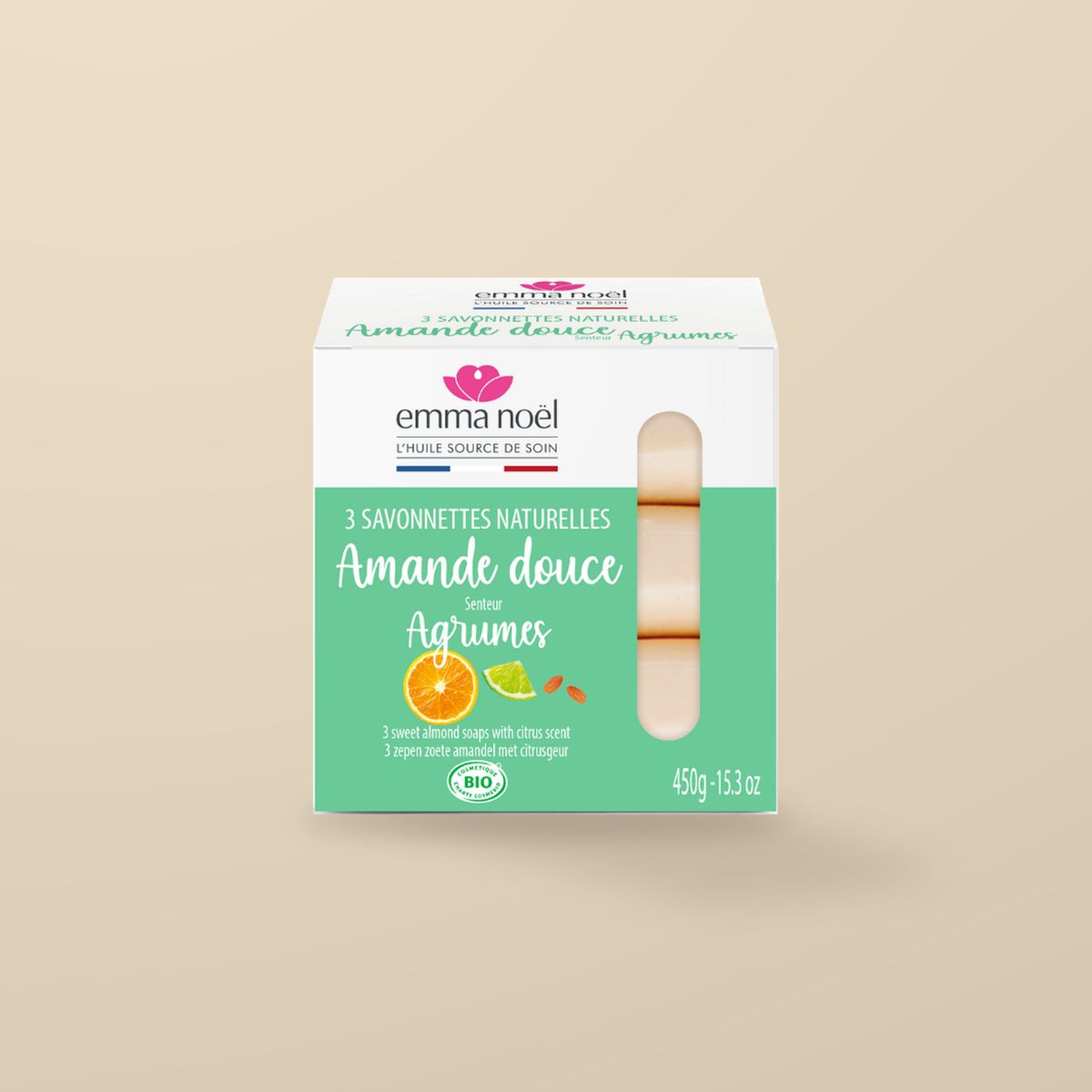 Emma Noel Organic Sweet Almond & Citrus Soap – 3 × 150g — original product packaging on warm beige background
