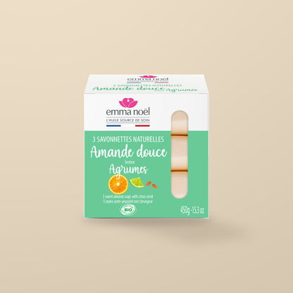 Emma Noel Organic Sweet Almond & Citrus Soap – 3 × 150g — original product packaging on warm beige background