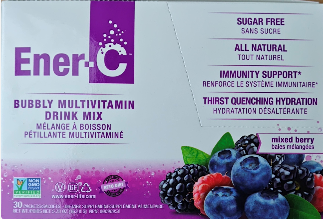 Ener-C Bubbly Multivitamin Drink Mix packaging with berries on a purple background