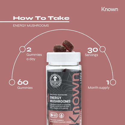 "Diagram showing how to take Energy Mushrooms Gummies VEGAN, including dosage and daily intake recommendations."