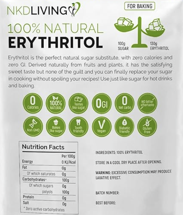 Package of NKD Living 100% Natural Erythritol with nutritional information and benefits listed.