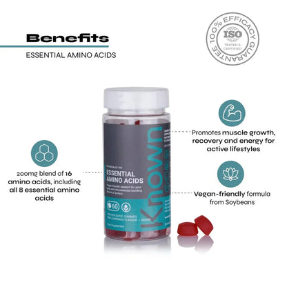 "Known Essential Amino Acids Gummies VEGAN Halal Certified bottle highlighting
