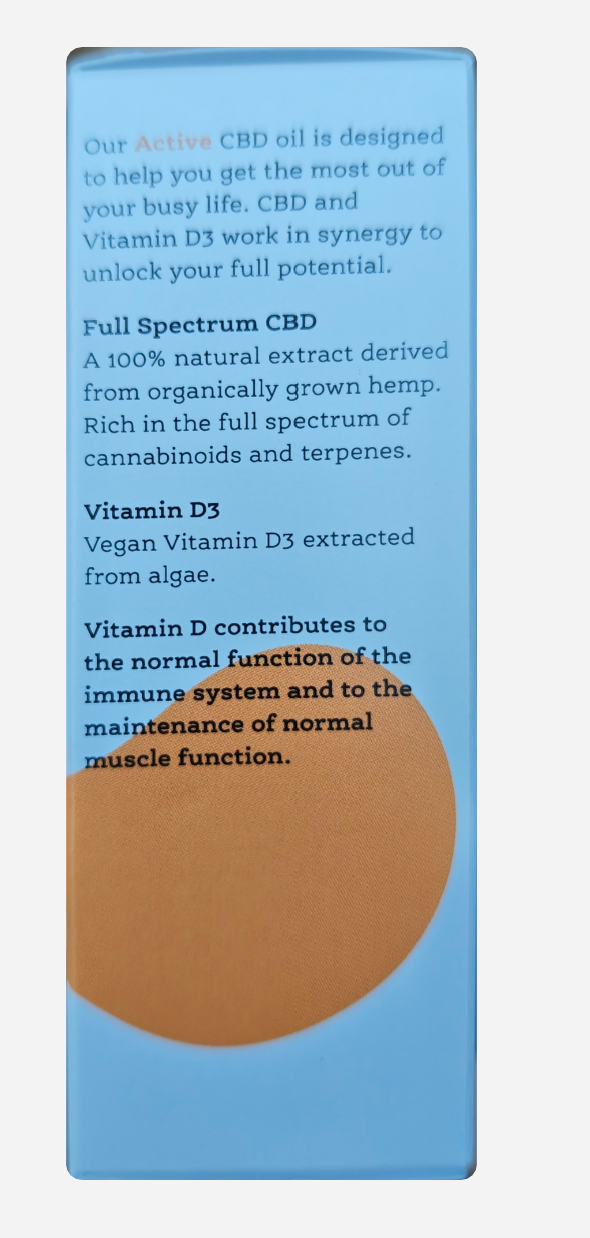 Product label with text about CBD oil and Vitamin D3 on a blue background