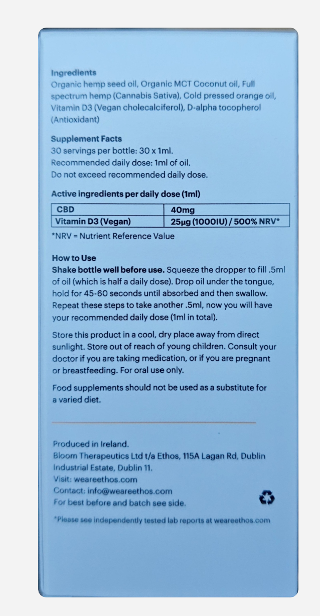 Product label with ingredients and usage instructions on a blue background