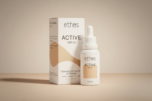 ethos Active CBD oil packaging with bottle and box on a white background