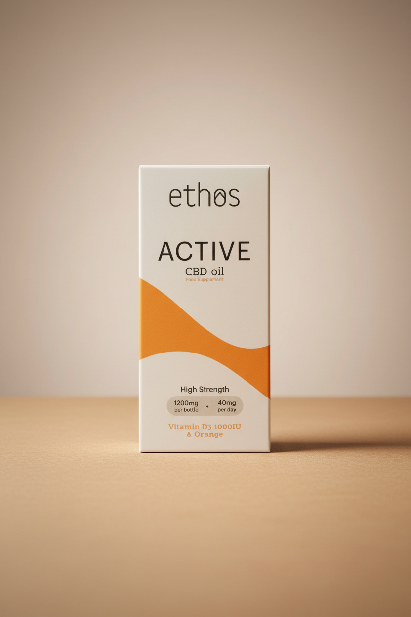 Box of ethos Active CBD oil with a blurred background