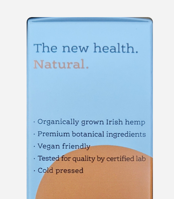 Product packaging with text about organic and natural ingredients on a blue background