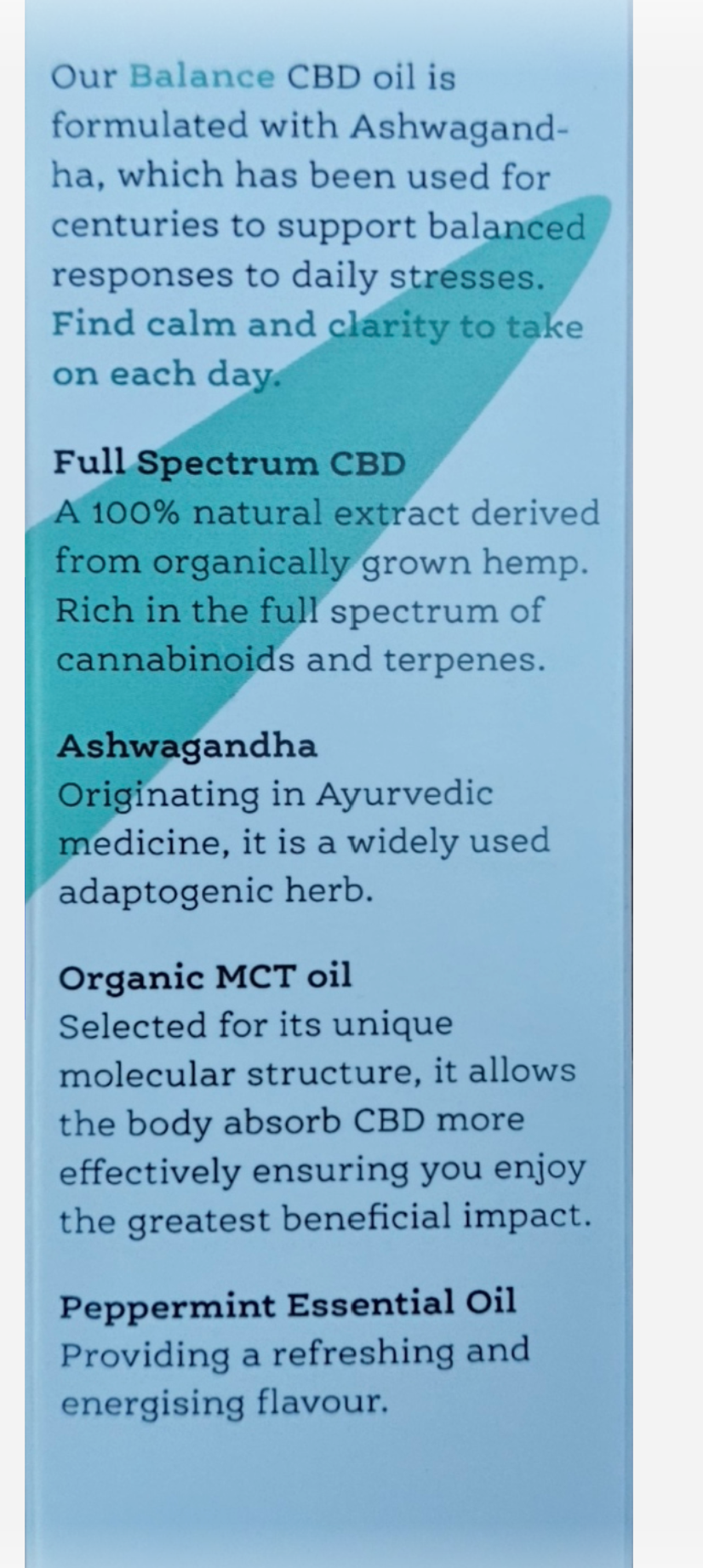 Blue label with text about Ashvagandha, MCT oil, and peppermint essential oil on a blue background
