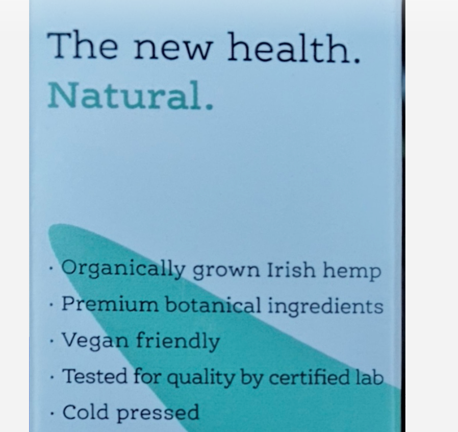 Blue label with text about organic Irish hemp and vegan-friendly ingredients on a blue background