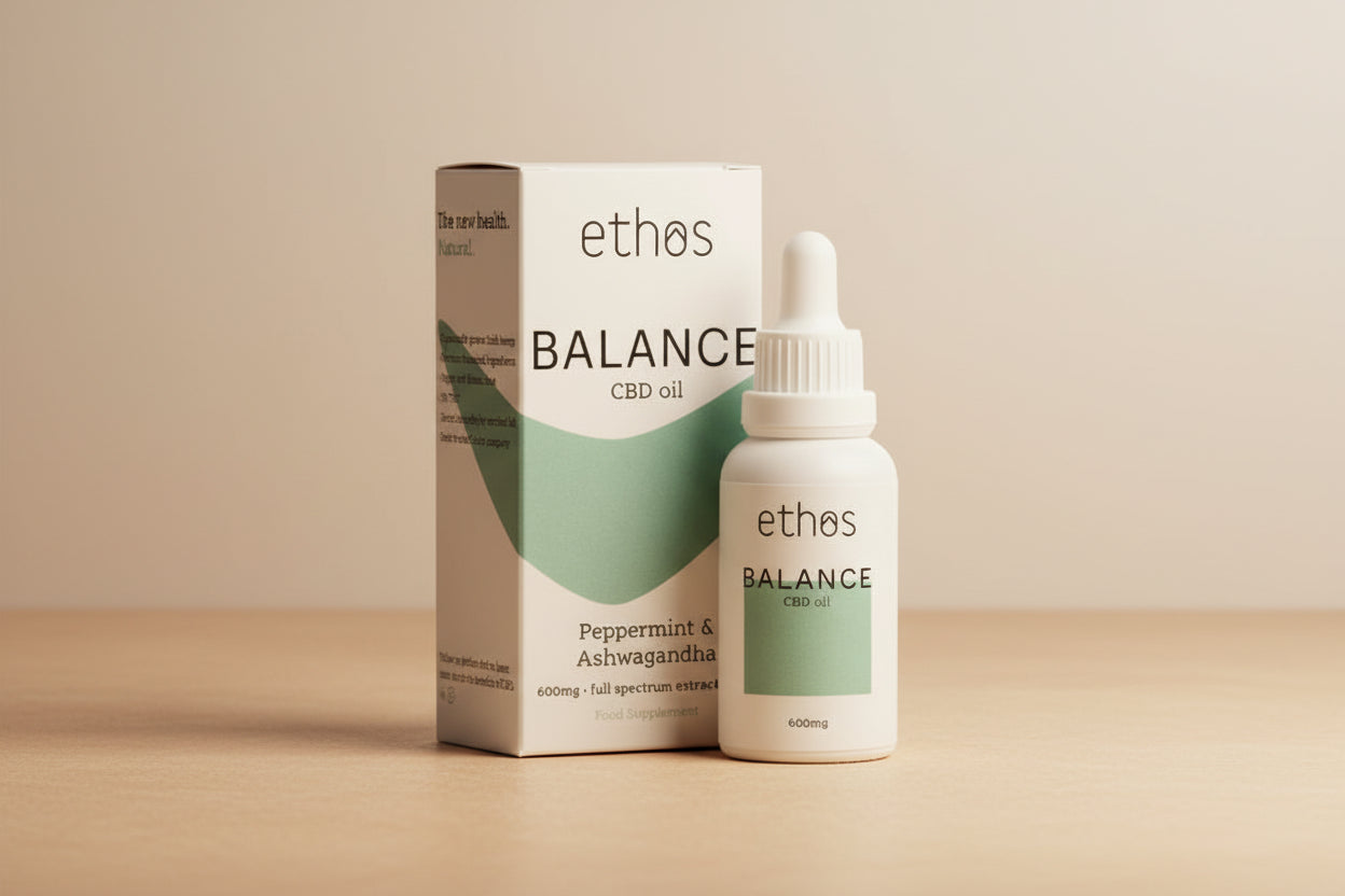 ethos Balance CBD oil packaging and bottle on a white background