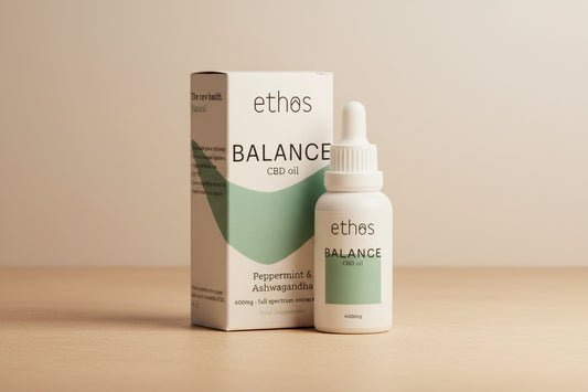 ethos Balance CBD oil packaging and bottle on a white background