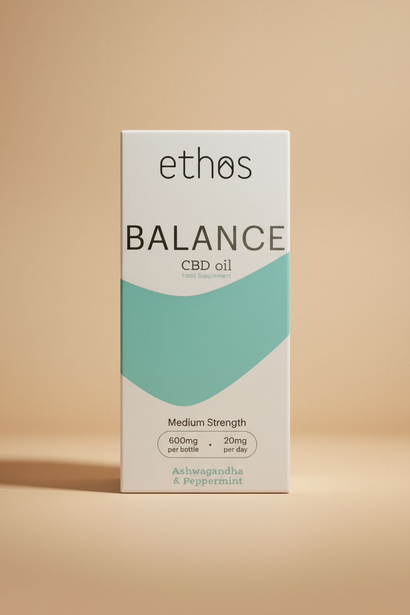Box of Ethos Balance CBD oil with blue and green design