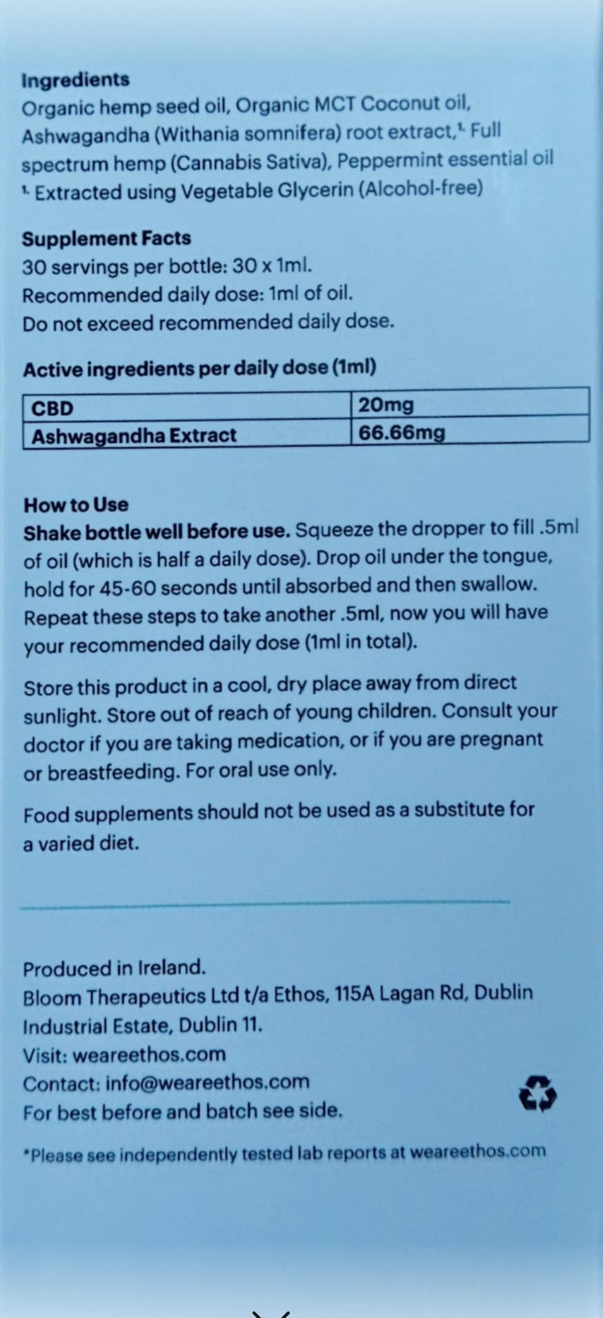 Product label with text and a blue background