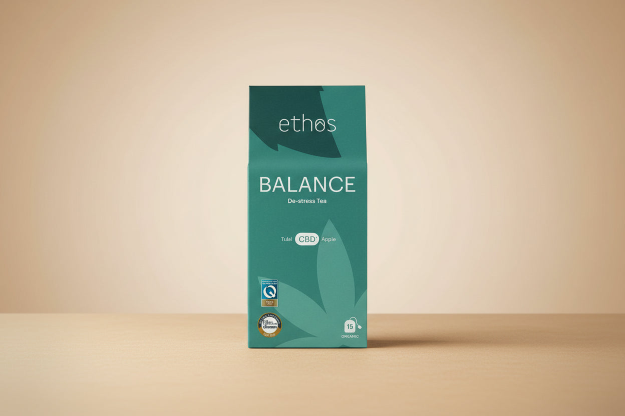 Teal box of 'ethos Balance De-stress Tea' with leaf design on a white background