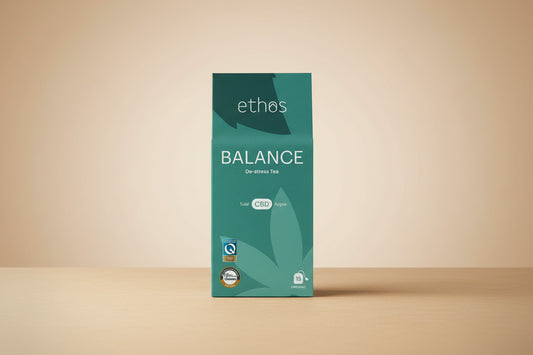 Teal box of 'ethos Balance De-stress Tea' with leaf design on a white background