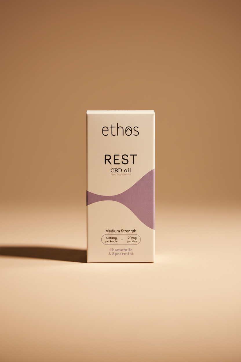 Ethos Rest CBD 600mg oil 30ml premium bottle minimal wellness aesthetic