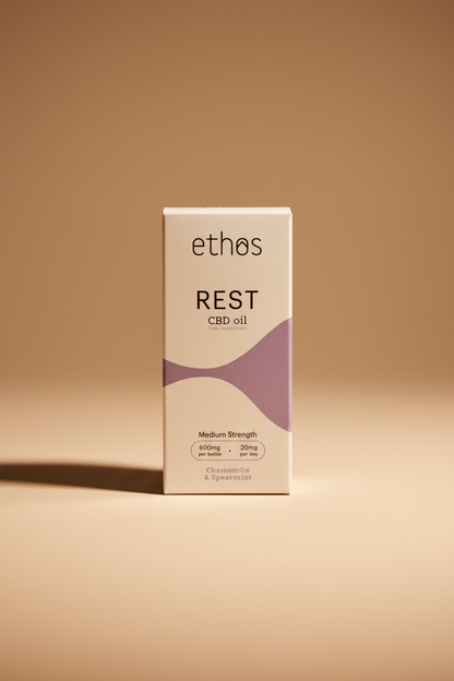 Ethos Rest CBD 600mg oil 30ml premium bottle minimal wellness aesthetic