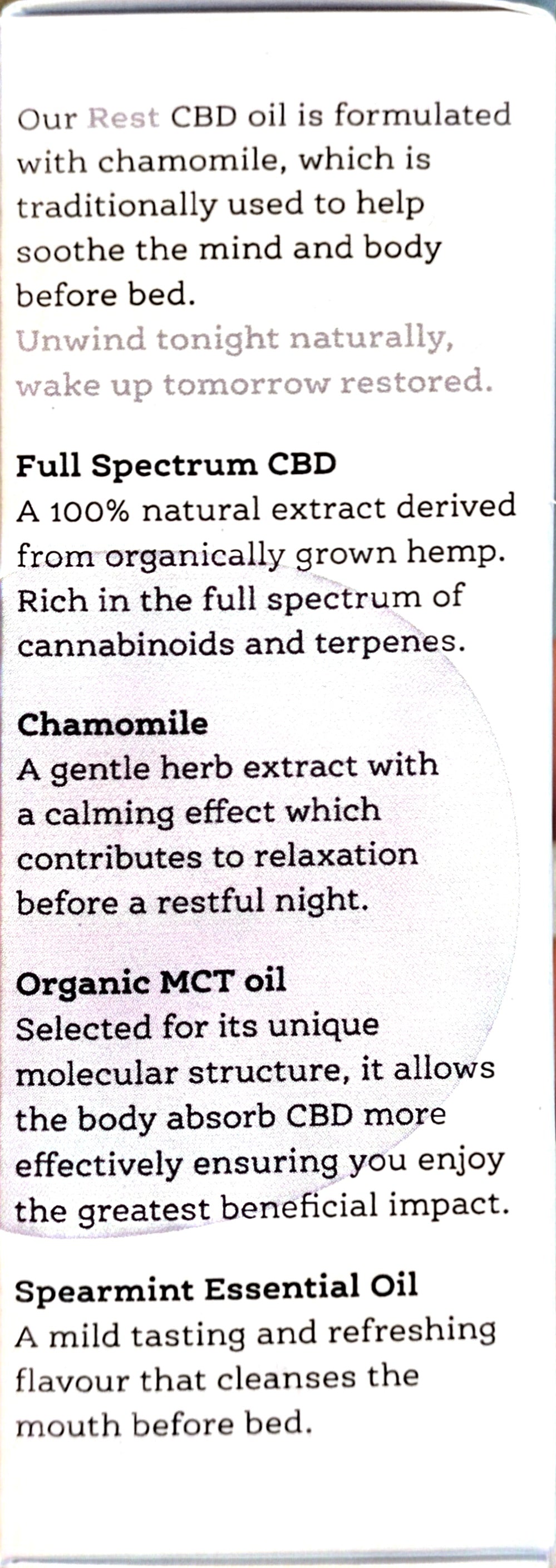 Ethos Rest CBD Oil 600mg original carton information