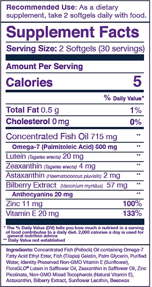 Omega-7 fish oil with bilberry extract and lutein for eye support