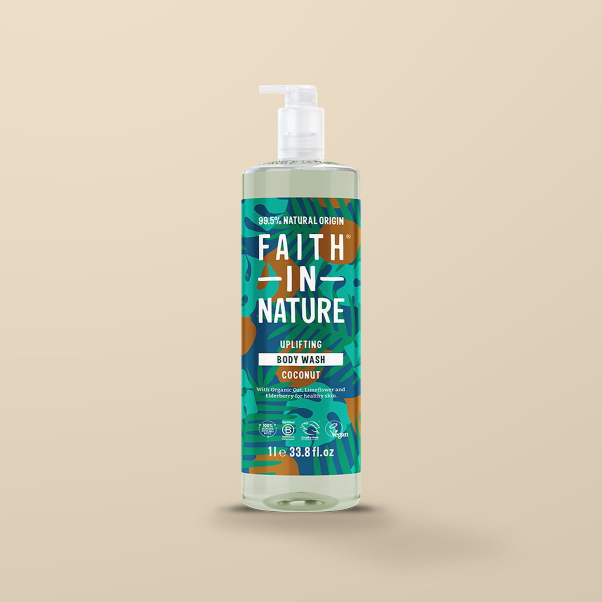 Faith In Nature Coconut Body Wash – 1L — original product packaging on warm beige background