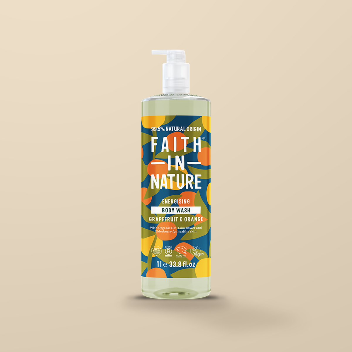 Faith In Nature Grapefruit & Orange Body Wash – 1L — original product packaging on warm beige background