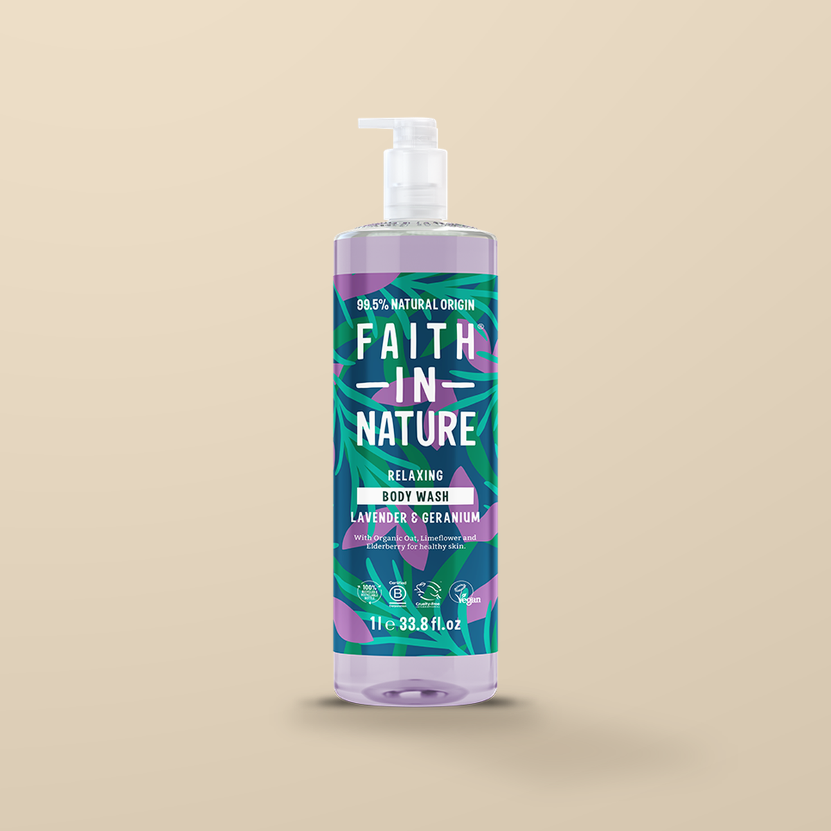 Faith In Nature Lavender & Geranium Body Wash – 1L — original product packaging on warm beige background