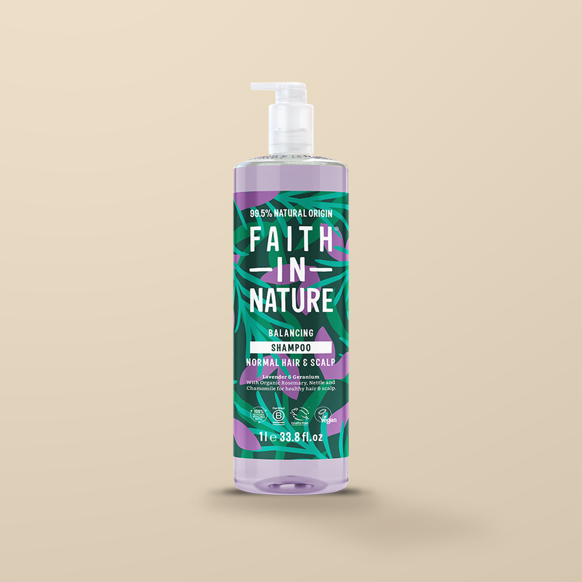 Faith In Nature Lavender & Geranium Shampoo – 1L — original product packaging on warm beige background