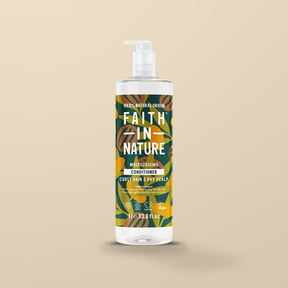 Faith In Nature Shea & Argan Conditioner – 1L — original product packaging on warm beige background